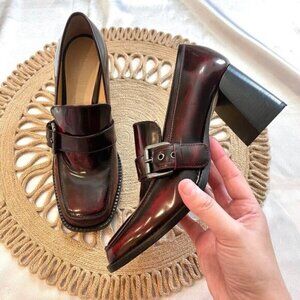 M. Gemi Brown Red Leather The Scuola Heeled Buckle Loafers Size EU 39